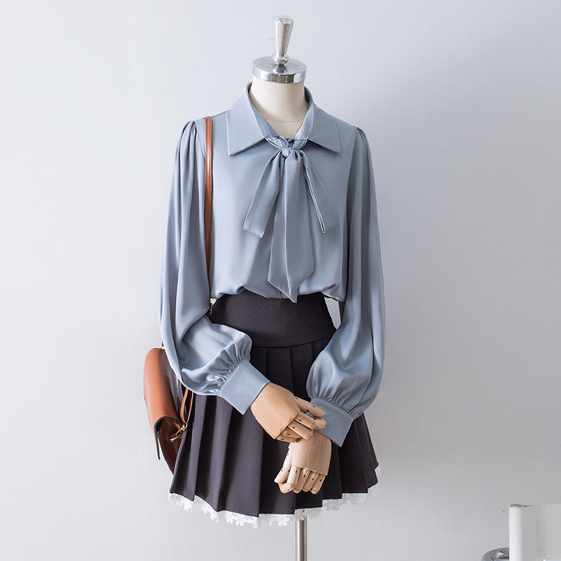 White Satin Bow Lapel Shirt For Women