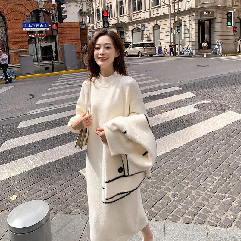 Half High Collar Long Sweater Dress Women Autumn And Winter Base Mid-length
