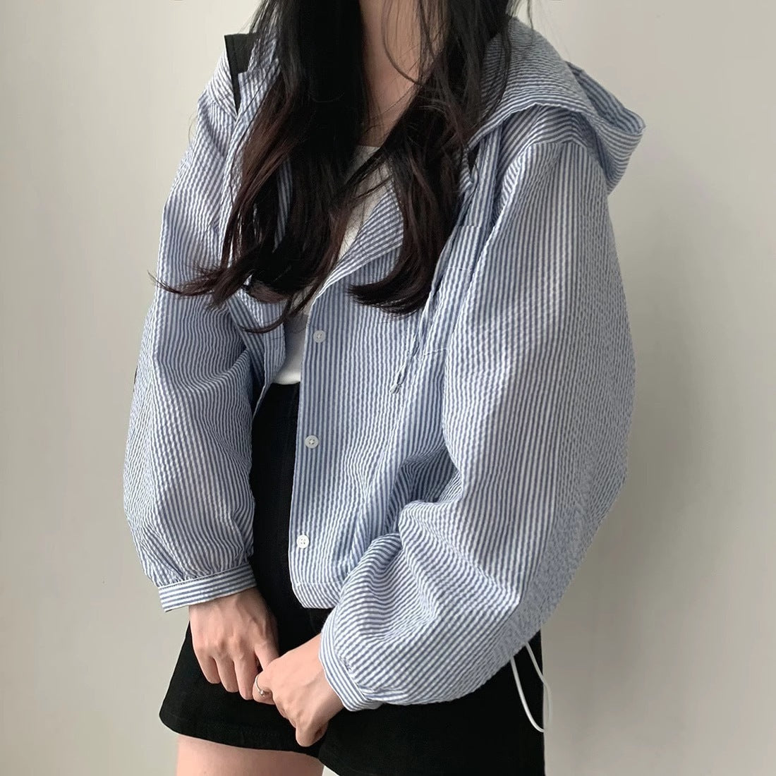 Contrast Color Hooded Buckle Loose Leisure All-matching Short Coat