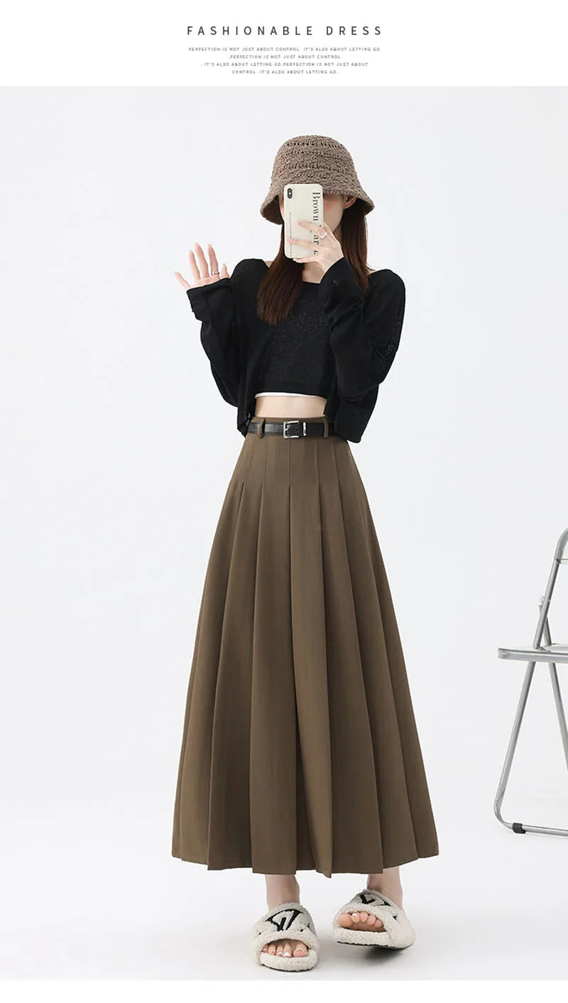 Fashion Skirts for Women Elegant Skirts with Belt Women Pleated Skirts Vintage Long Skirts for Women Clothing Female Streetwear