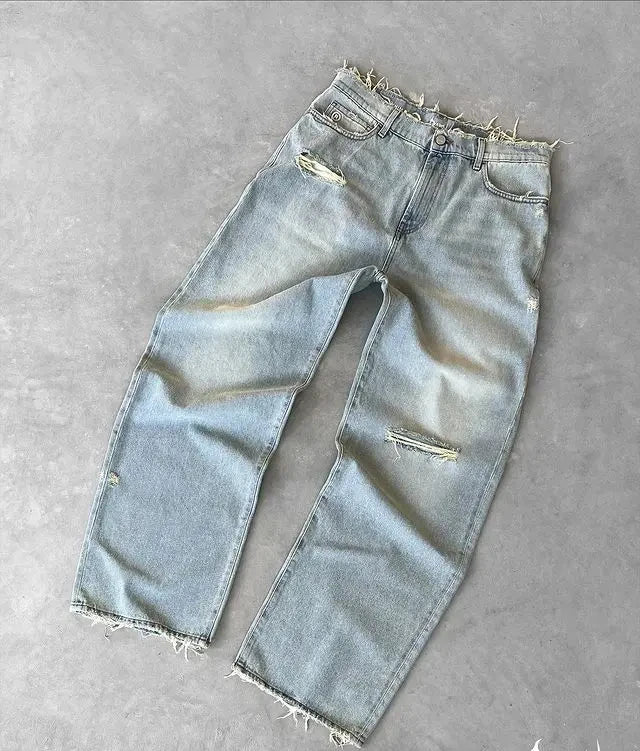 Baggy Jeans for Men Y2k Hip Hop Distressed Retro Black Pants Oversized Embroidery Harajuku Gothic Wide Leg Trousers Streetwear