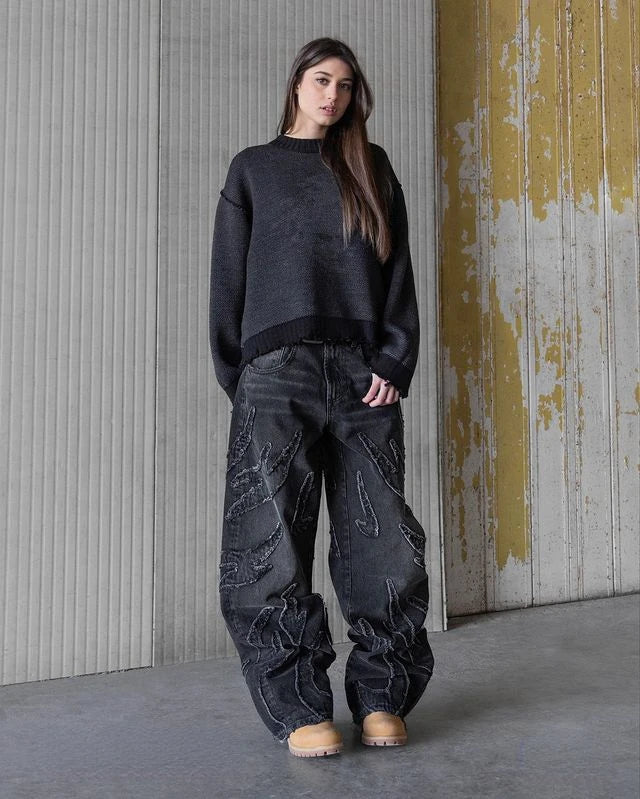Baggy Jeans for Men Y2k Hip Hop Distressed Retro Black Pants Oversized Embroidery Harajuku Gothic Wide Leg Trousers Streetwear