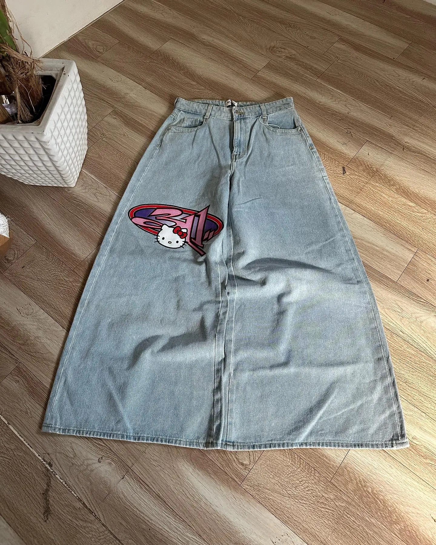 American Baggy Washed Jeans Retro Harajuku Cartoon Print Straight-Shirt-Legging Pants Men Casual Loose Hip Hop Streetwear Women