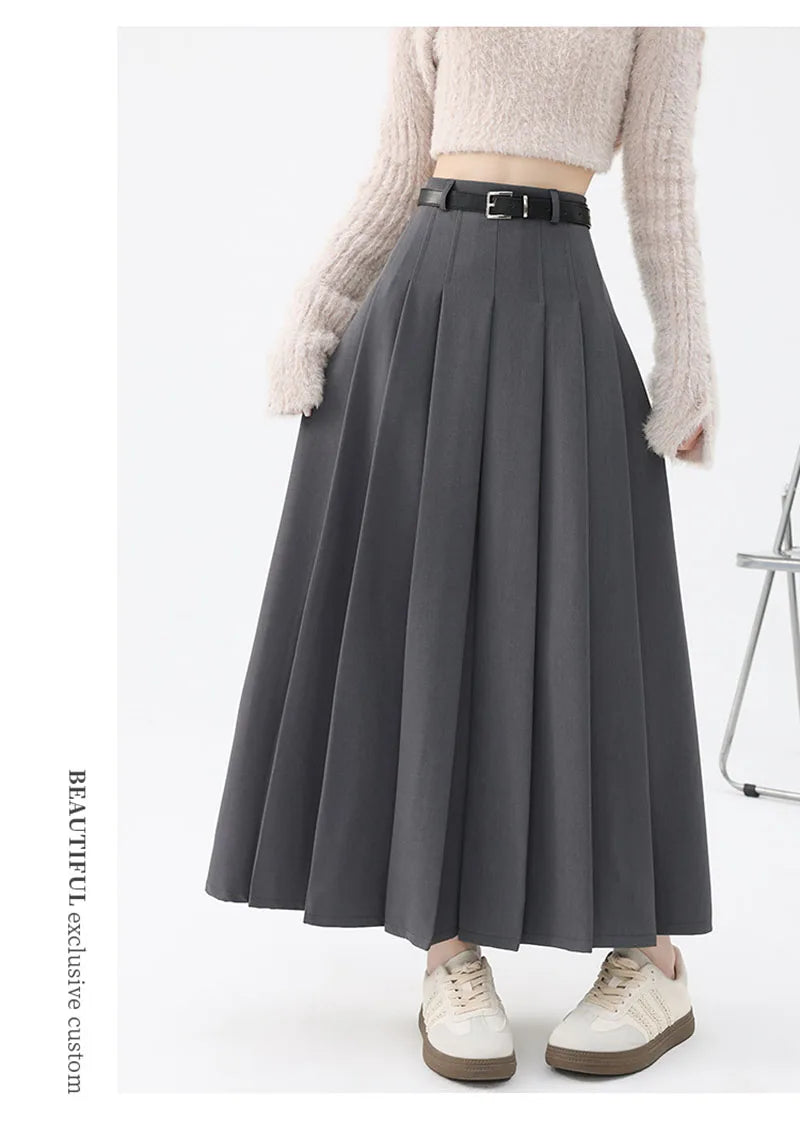 Fashion Skirts for Women Elegant Skirts with Belt Women Pleated Skirts Vintage Long Skirts for Women Clothing Female Streetwear