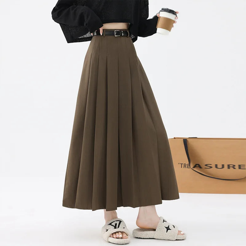 Fashion Skirts for Women Elegant Skirts with Belt Women Pleated Skirts Vintage Long Skirts for Women Clothing Female Streetwear