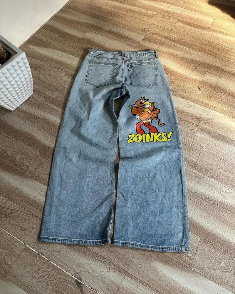 American Baggy Washed Jeans Retro Harajuku Cartoon Print Straight-Shirt-Legging Pants Men Casual Loose Hip Hop Streetwear Women