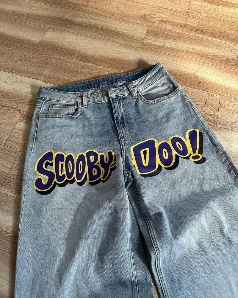 American Baggy Washed Jeans Retro Harajuku Cartoon Print Straight-Shirt-Legging Pants Men Casual Loose Hip Hop Streetwear Women