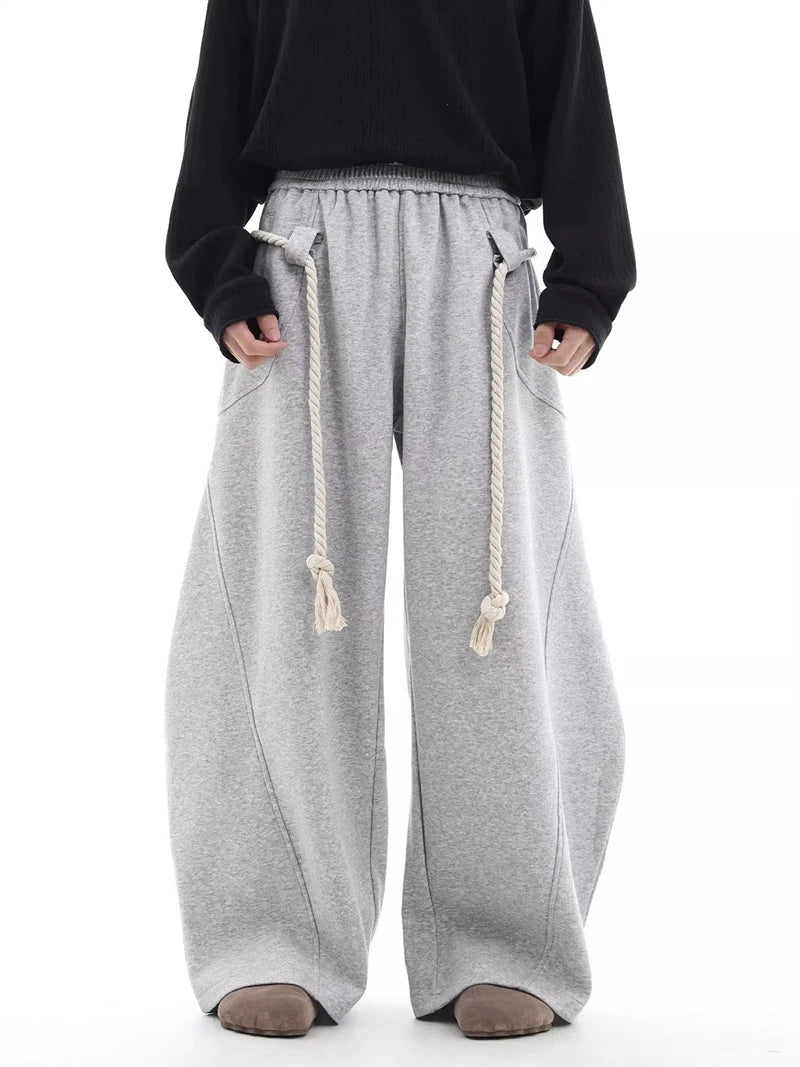 Baggy Sweatpants Men Wide Leg Gray Long Drawstring Casual Baggy Joggers Pants Curved Blade Type Design Lantern Pants Oversized