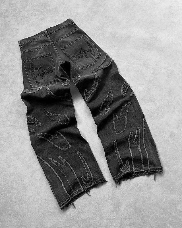 Baggy Jeans for Men Y2k Hip Hop Distressed Retro Black Pants Oversized Embroidery Harajuku Gothic Wide Leg Trousers Streetwear
