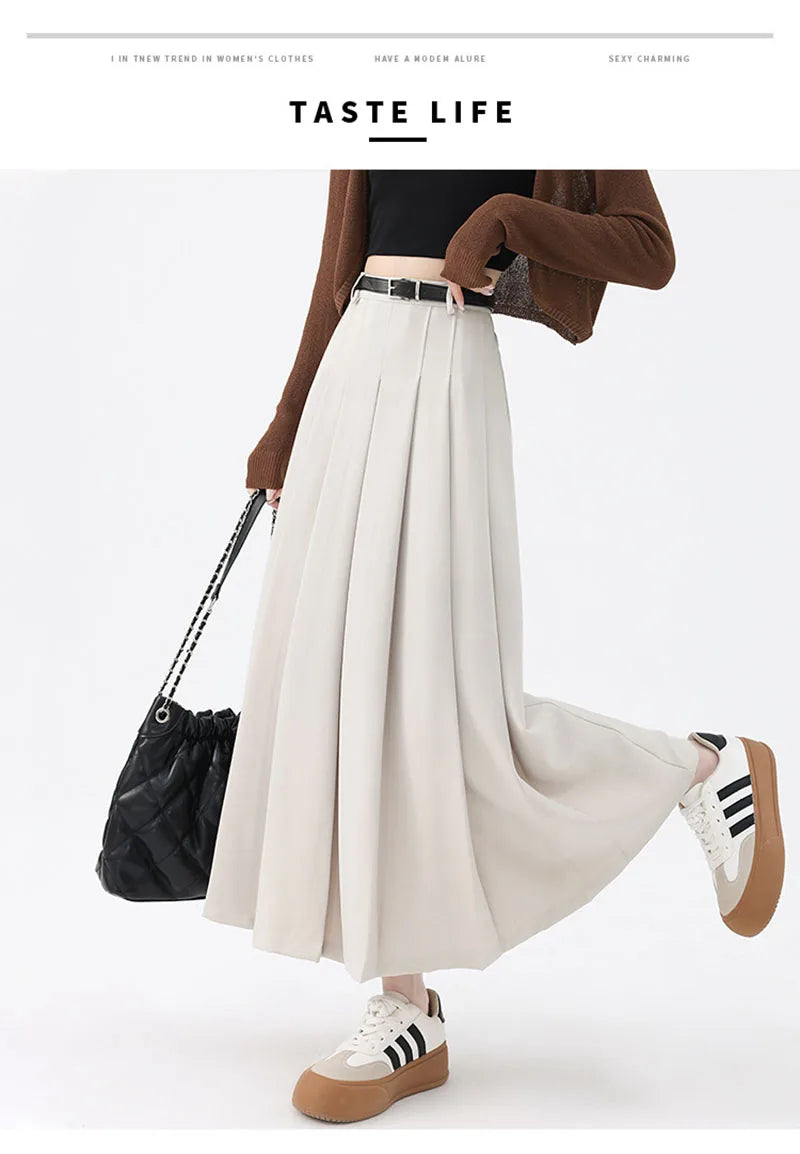 Fashion Skirts for Women Elegant Skirts with Belt Women Pleated Skirts Vintage Long Skirts for Women Clothing Female Streetwear