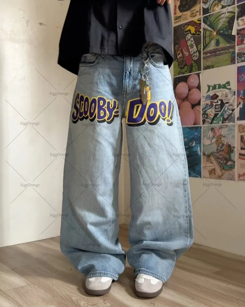 American Baggy Washed Jeans Retro Harajuku Cartoon Print Straight-Shirt-Legging Pants Men Casual Loose Hip Hop Streetwear Women