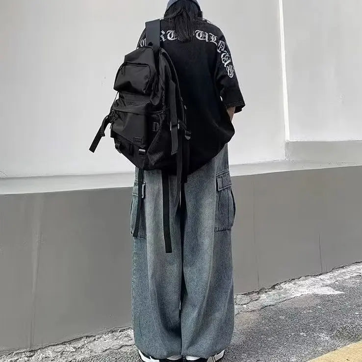 2024 Spring Autumn Men Baggy Jeans Men Wide Leg Pants Big Pockets Elastic Waist Streetwear Trousers Male Loose Denim Pants