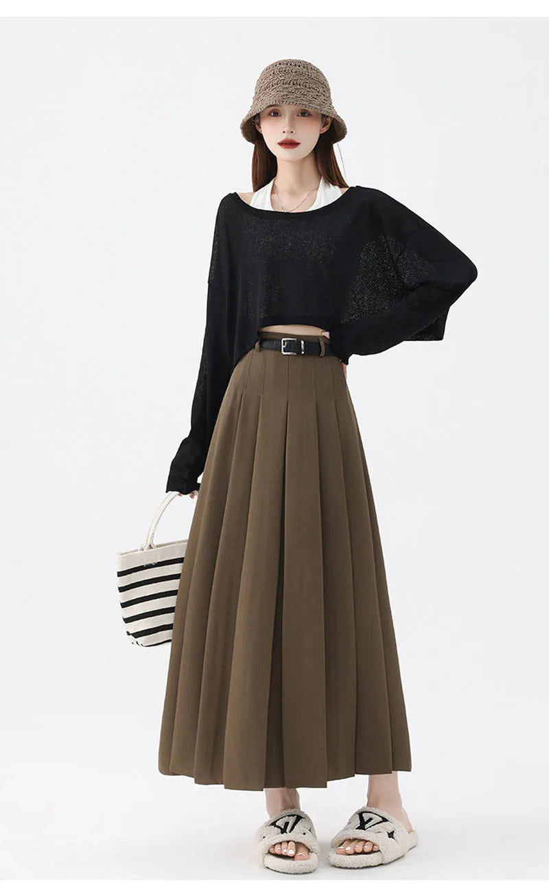 Fashion Skirts for Women Elegant Skirts with Belt Women Pleated Skirts Vintage Long Skirts for Women Clothing Female Streetwear