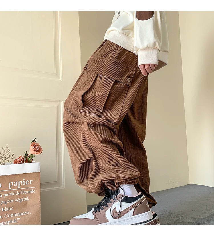 Men's Brown Y2K Baggy Japan Pants Oversized Corduroy Loose Wide Leg Cargo Pant Trousers Casual Men Sweatpants Streetwear Korean