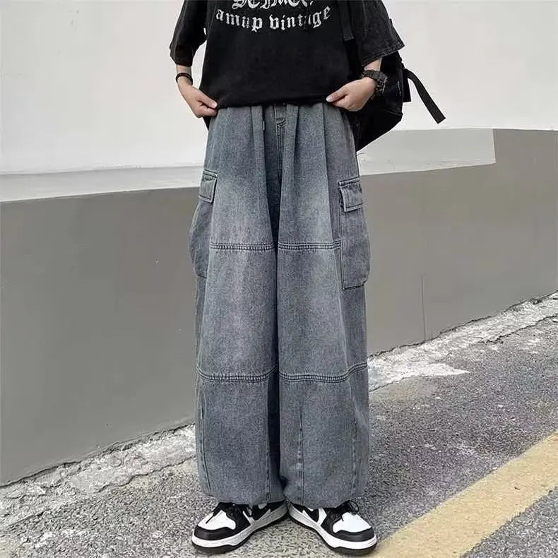 2024 Spring Autumn Men Baggy Jeans Men Wide Leg Pants Big Pockets Elastic Waist Streetwear Trousers Male Loose Denim Pants