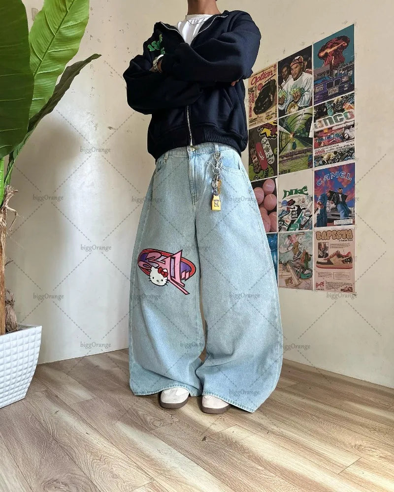 American Baggy Washed Jeans Retro Harajuku Cartoon Print Straight-Shirt-Legging Pants Men Casual Loose Hip Hop Streetwear Women
