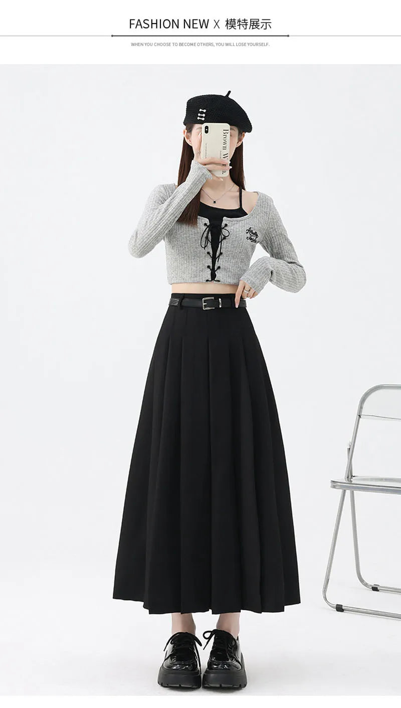 Fashion Skirts for Women Elegant Skirts with Belt Women Pleated Skirts Vintage Long Skirts for Women Clothing Female Streetwear