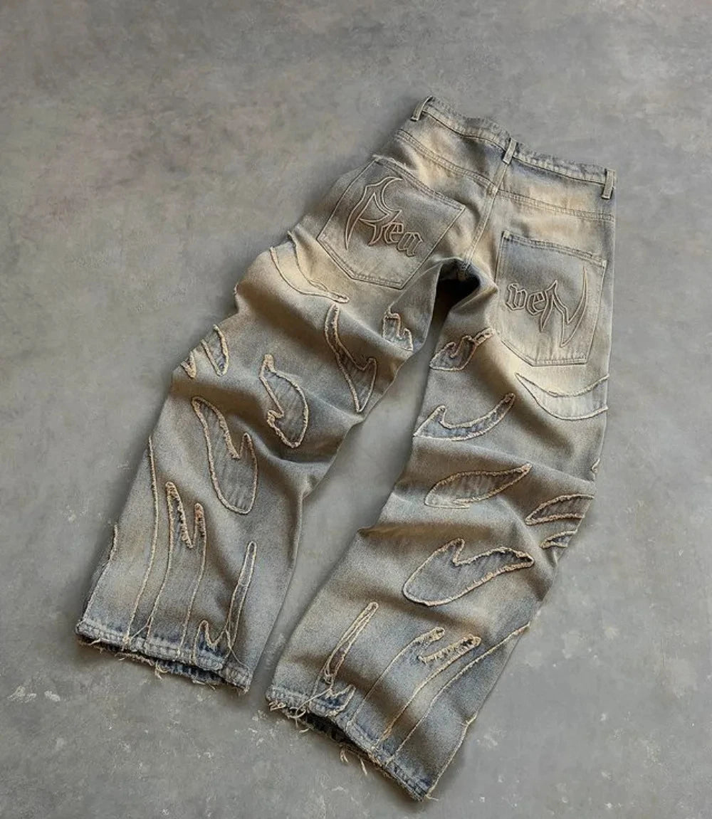 Baggy Jeans for Men Y2k Hip Hop Distressed Retro Black Pants Oversized Embroidery Harajuku Gothic Wide Leg Trousers Streetwear