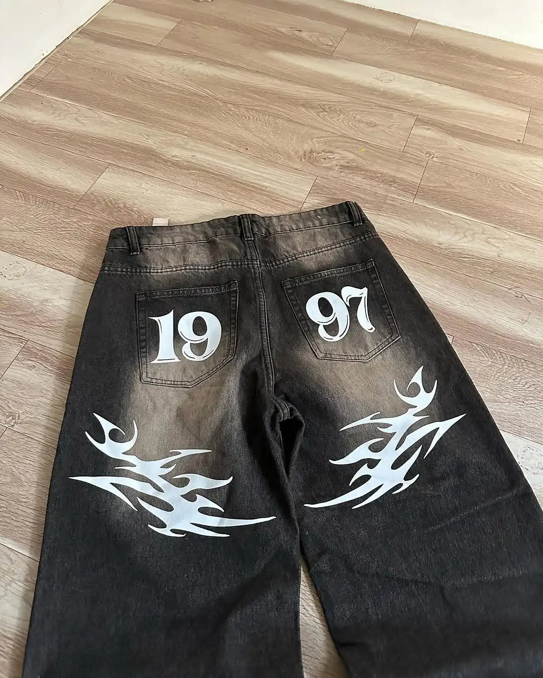 American Baggy Washed Jeans Retro Harajuku Cartoon Print Straight-Shirt-Legging Pants Men Casual Loose Hip Hop Streetwear Women