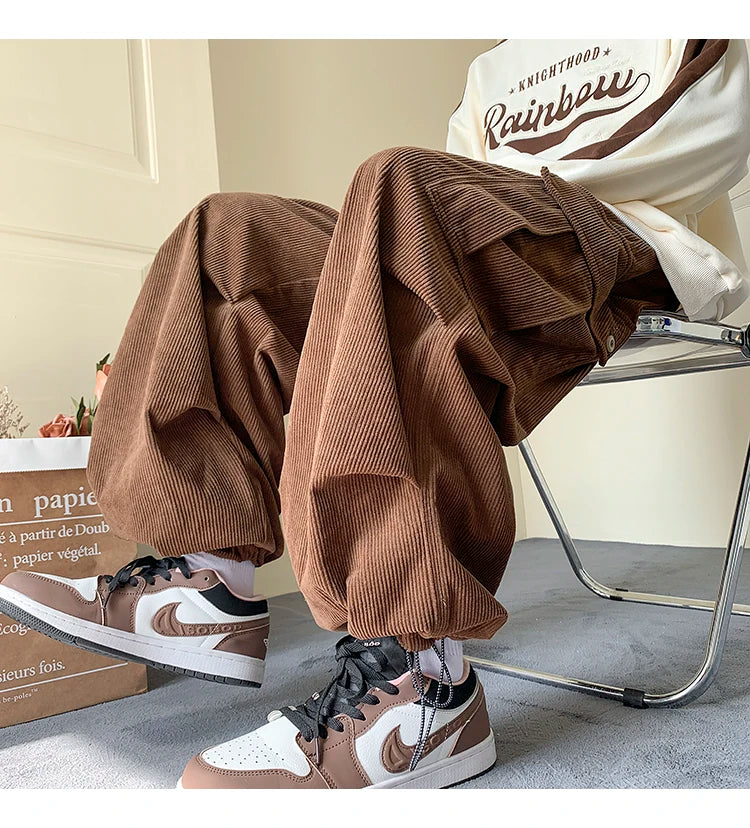 Men's Brown Y2K Baggy Japan Pants Oversized Corduroy Loose Wide Leg Cargo Pant Trousers Casual Men Sweatpants Streetwear Korean
