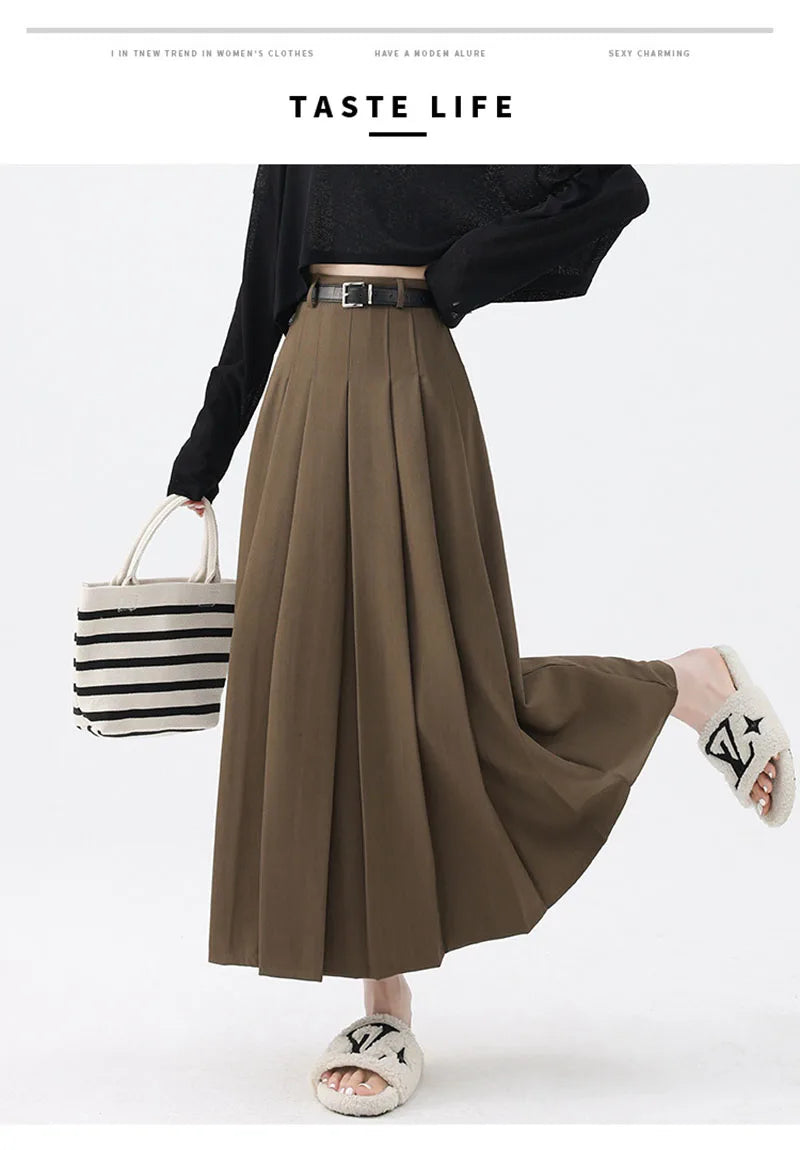 Fashion Skirts for Women Elegant Skirts with Belt Women Pleated Skirts Vintage Long Skirts for Women Clothing Female Streetwear