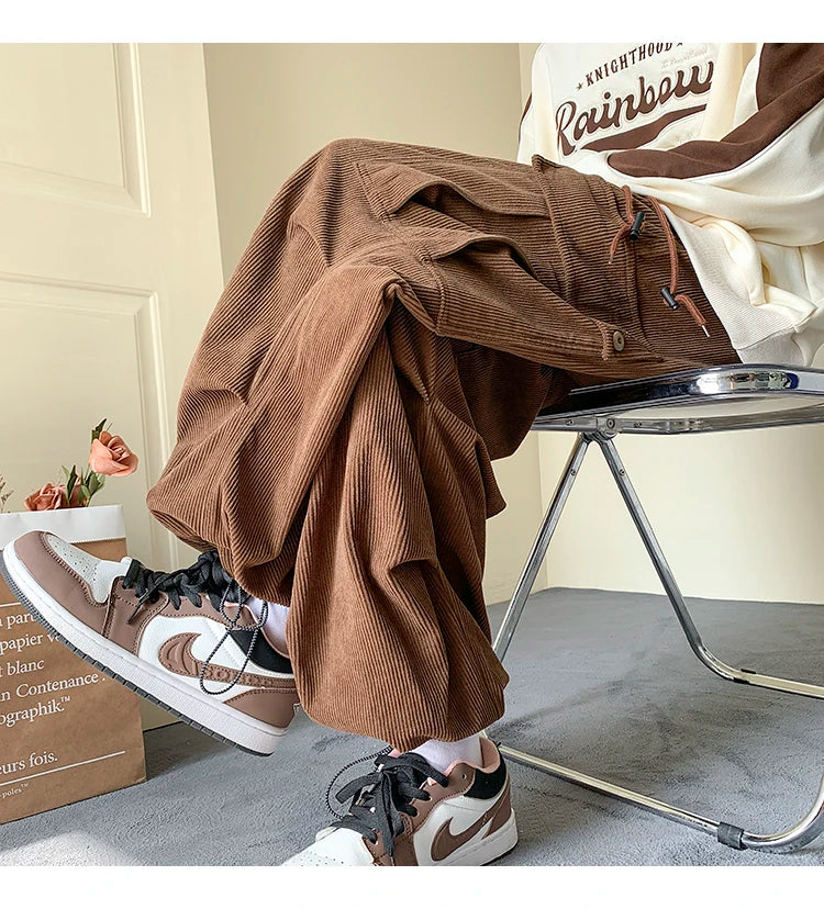 Men's Brown Y2K Baggy Japan Pants Oversized Corduroy Loose Wide Leg Cargo Pant Trousers Casual Men Sweatpants Streetwear Korean