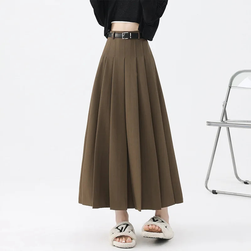 Fashion Skirts for Women Elegant Skirts with Belt Women Pleated Skirts Vintage Long Skirts for Women Clothing Female Streetwear