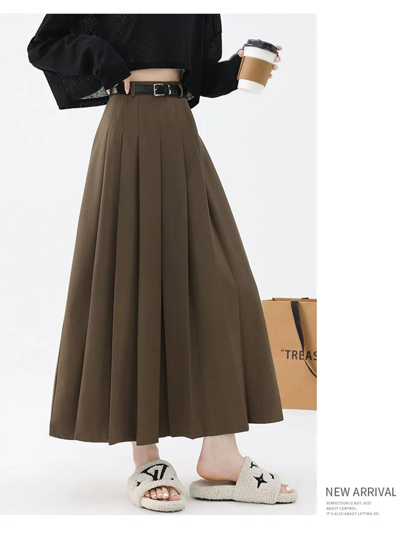 Fashion Skirts for Women Elegant Skirts with Belt Women Pleated Skirts Vintage Long Skirts for Women Clothing Female Streetwear
