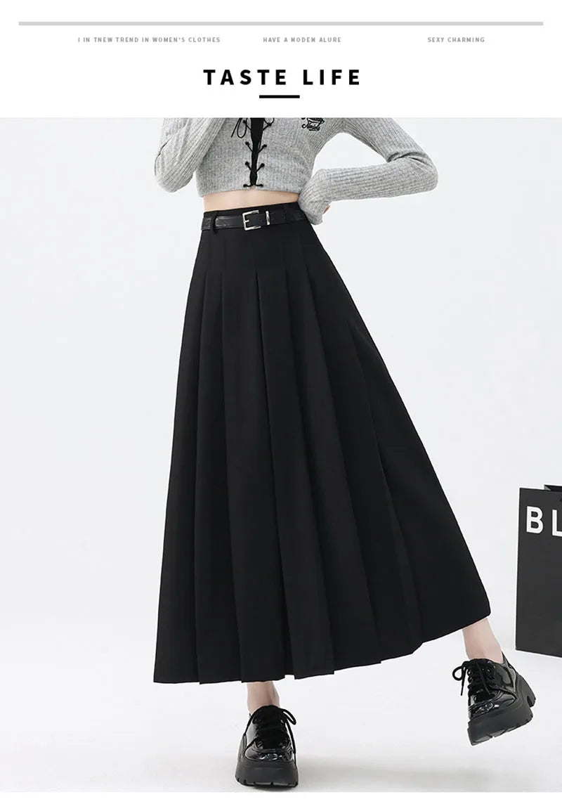 Fashion Skirts for Women Elegant Skirts with Belt Women Pleated Skirts Vintage Long Skirts for Women Clothing Female Streetwear