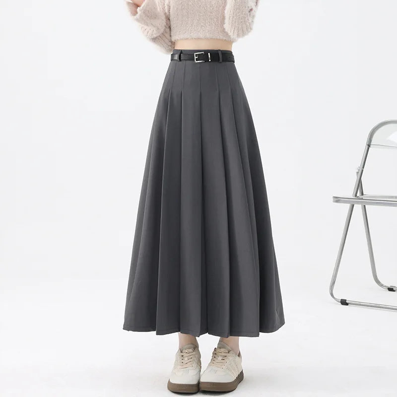 Fashion Skirts for Women Elegant Skirts with Belt Women Pleated Skirts Vintage Long Skirts for Women Clothing Female Streetwear