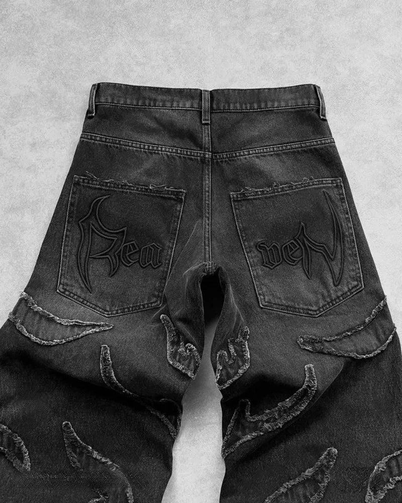 Baggy Jeans for Men Y2k Hip Hop Distressed Retro Black Pants Oversized Embroidery Harajuku Gothic Wide Leg Trousers Streetwear