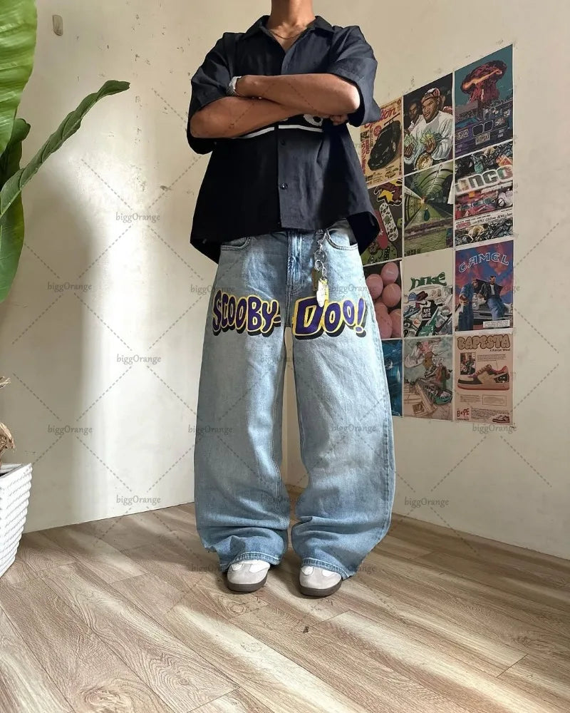 American Baggy Washed Jeans Retro Harajuku Cartoon Print Straight-Shirt-Legging Pants Men Casual Loose Hip Hop Streetwear Women