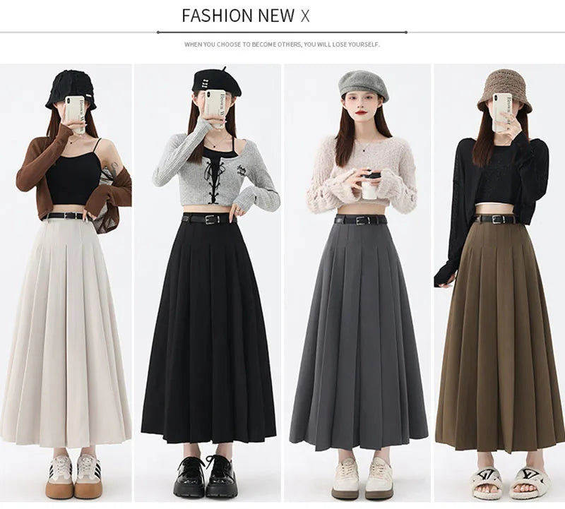 Fashion Skirts for Women Elegant Skirts with Belt Women Pleated Skirts Vintage Long Skirts for Women Clothing Female Streetwear