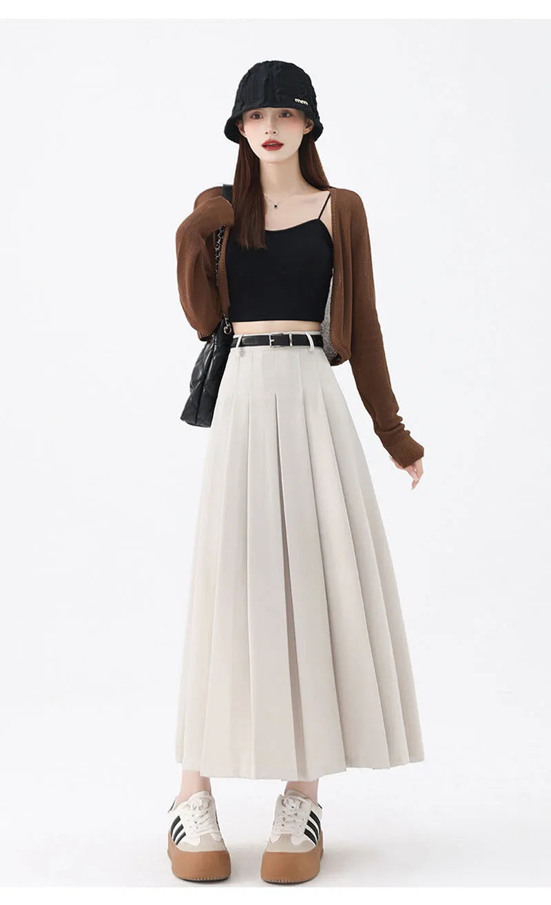 Fashion Skirts for Women Elegant Skirts with Belt Women Pleated Skirts Vintage Long Skirts for Women Clothing Female Streetwear