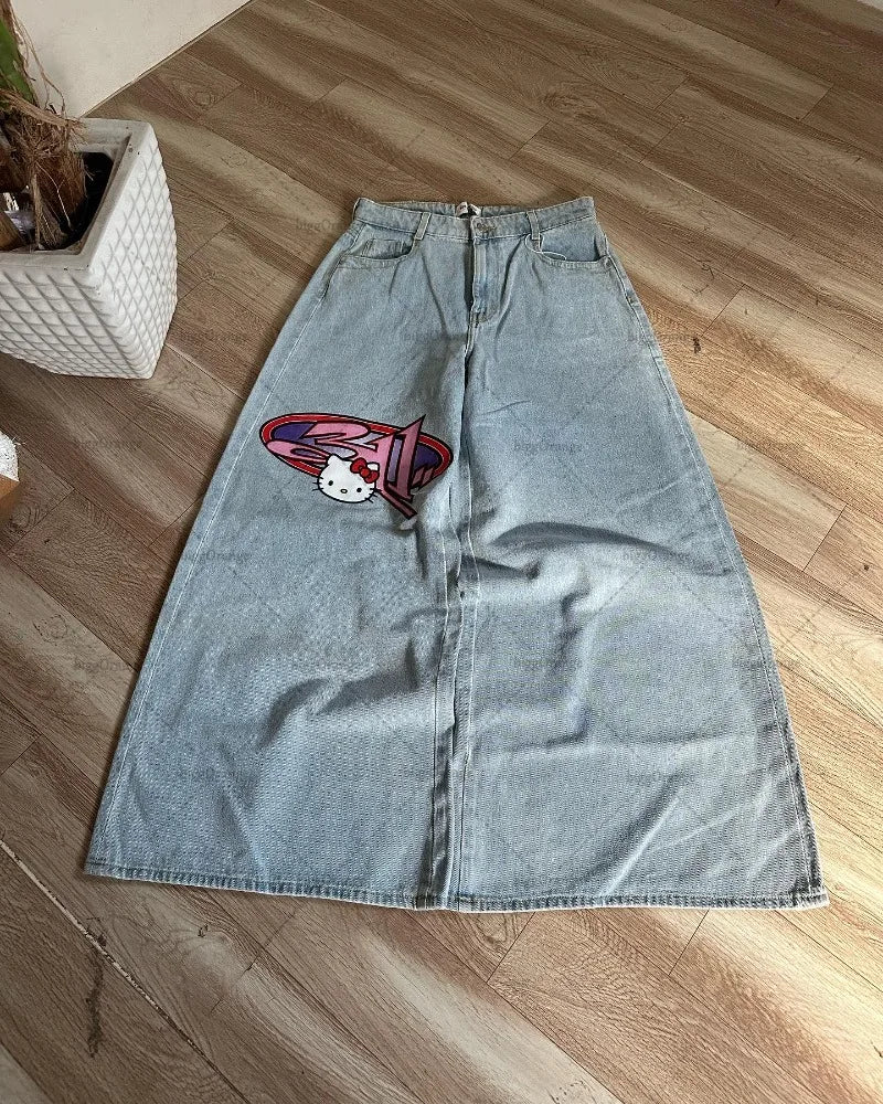 American Baggy Washed Jeans Retro Harajuku Cartoon Print Straight-Shirt-Legging Pants Men Casual Loose Hip Hop Streetwear Women