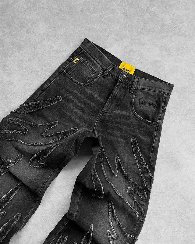 Baggy Jeans for Men Y2k Hip Hop Distressed Retro Black Pants Oversized Embroidery Harajuku Gothic Wide Leg Trousers Streetwear