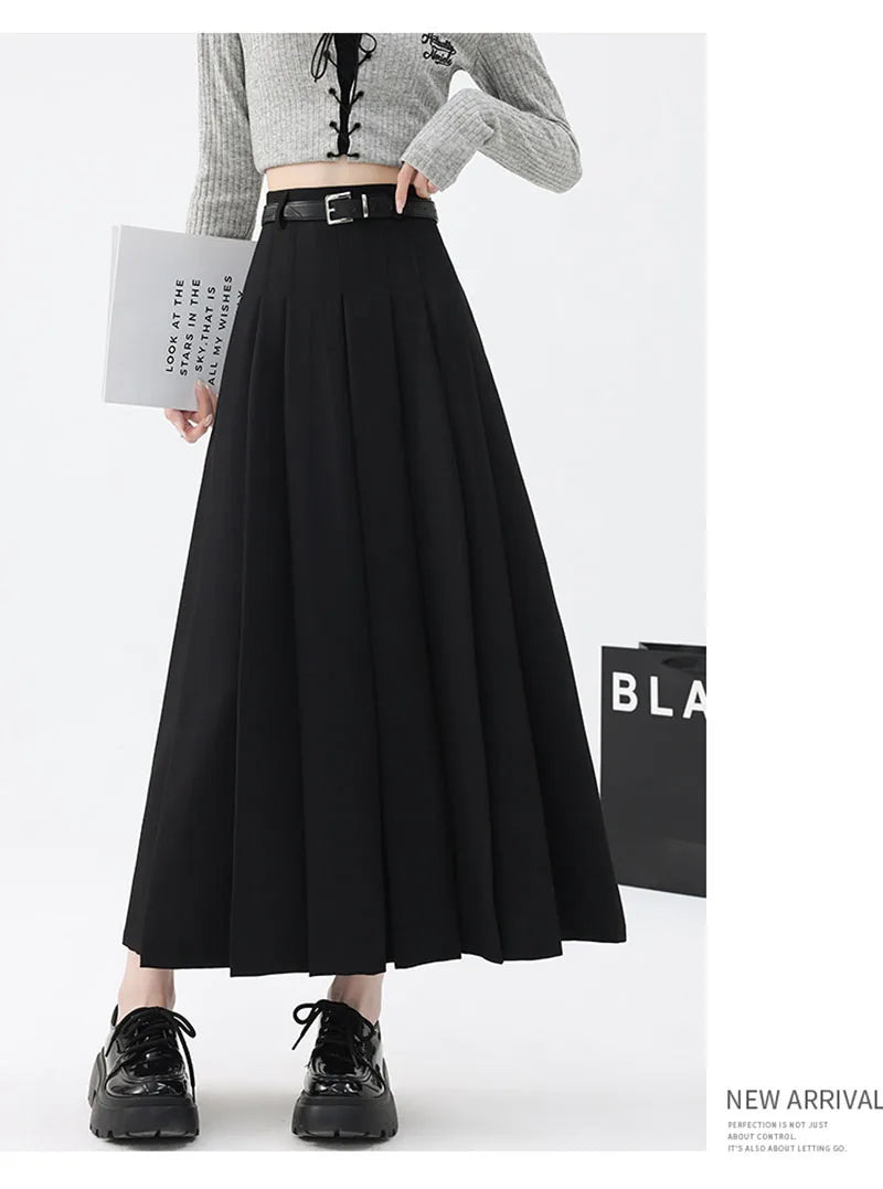 Fashion Skirts for Women Elegant Skirts with Belt Women Pleated Skirts Vintage Long Skirts for Women Clothing Female Streetwear