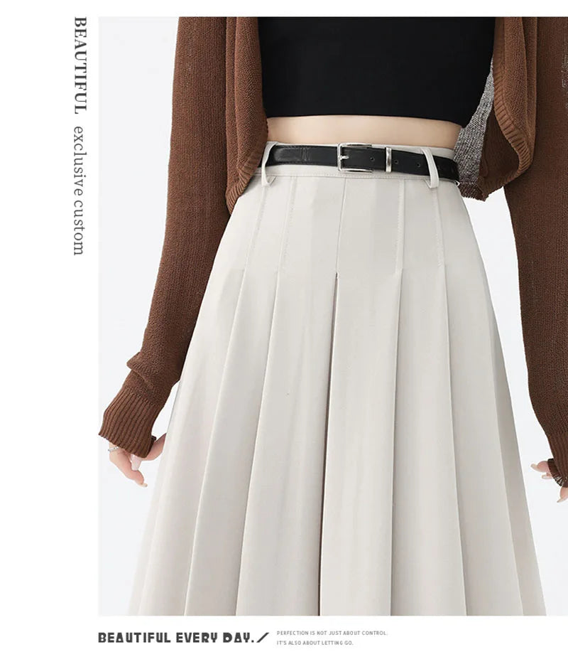 Fashion Skirts for Women Elegant Skirts with Belt Women Pleated Skirts Vintage Long Skirts for Women Clothing Female Streetwear