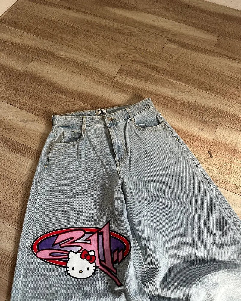 American Baggy Washed Jeans Retro Harajuku Cartoon Print Straight-Shirt-Legging Pants Men Casual Loose Hip Hop Streetwear Women