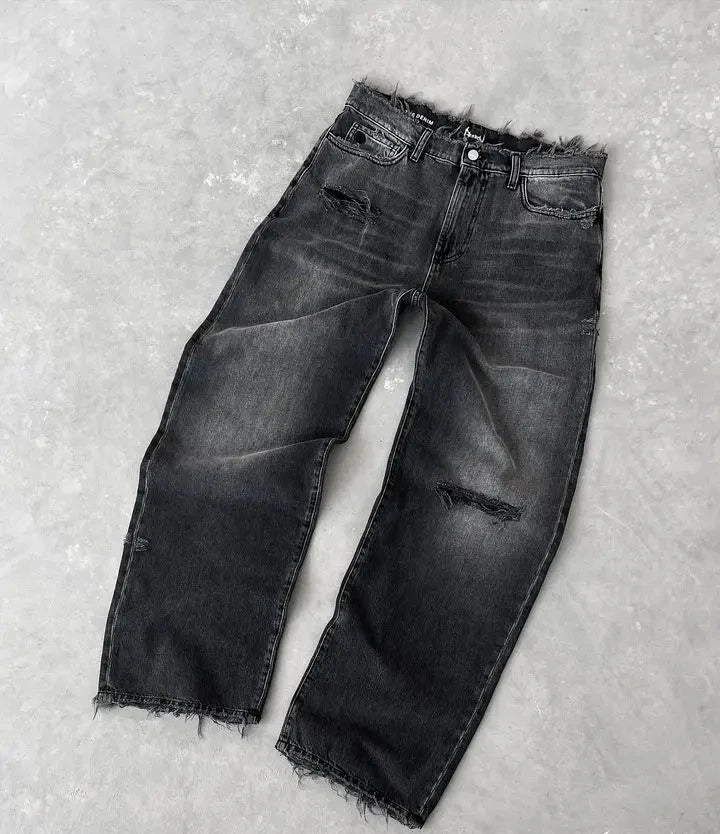Baggy Jeans for Men Y2k Hip Hop Distressed Retro Black Pants Oversized Embroidery Harajuku Gothic Wide Leg Trousers Streetwear