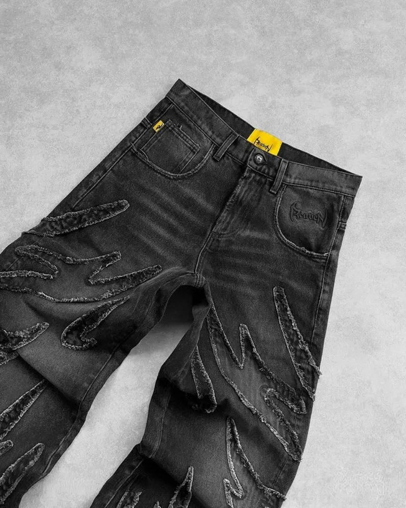 Baggy Jeans for Men Y2k Hip Hop Distressed Retro Black Pants Oversized Embroidery Harajuku Gothic Wide Leg Trousers Streetwear