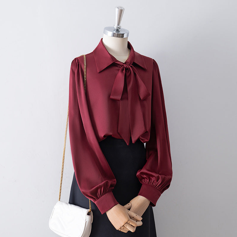 White Satin Bow Lapel Shirt For Women