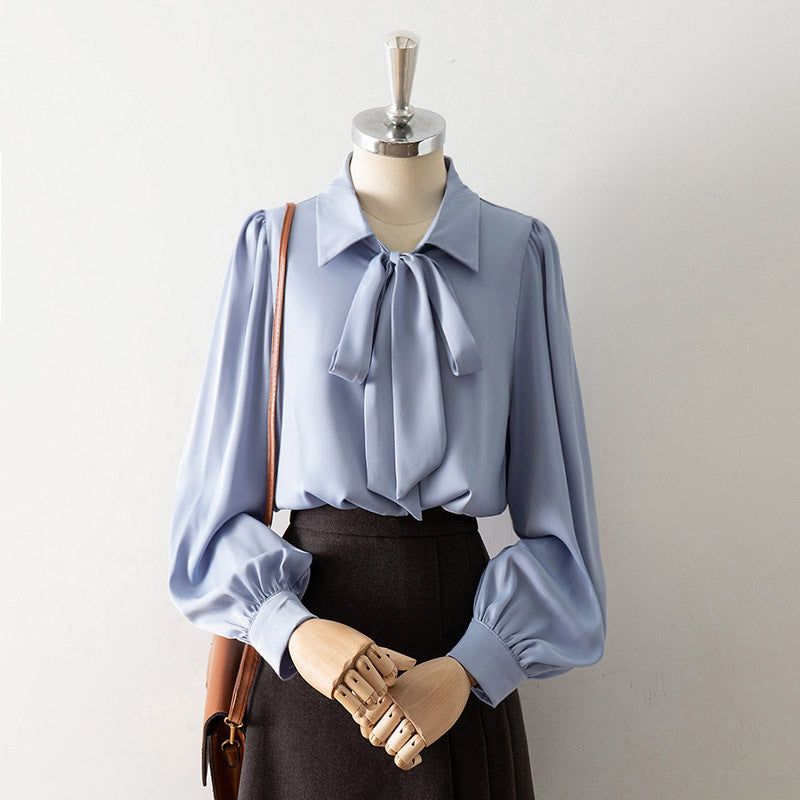 White Satin Bow Lapel Shirt For Women