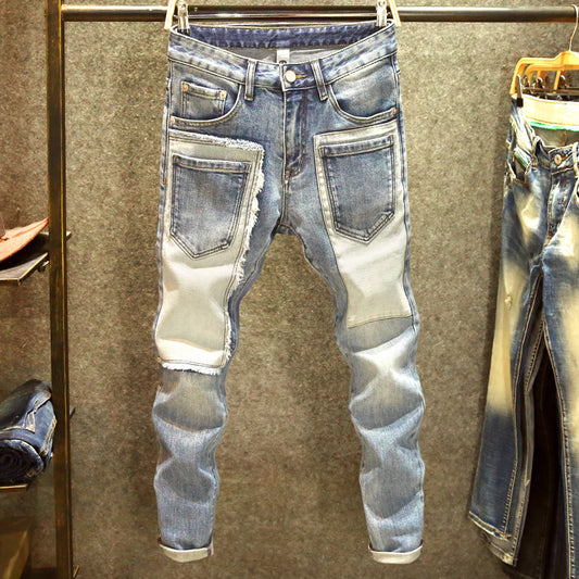 Patchwork Jeans Men's Multi-pocket Skinny Trousers