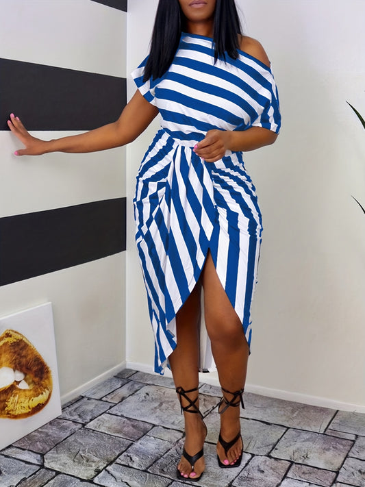 Striped Off Shoulder Dress, Casual Asymmetrical Short Sleeve Dress, Women's Clothing