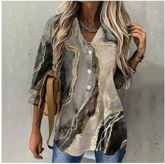 Spring NEW Long Sleeve Lapel Print Women's Shirt