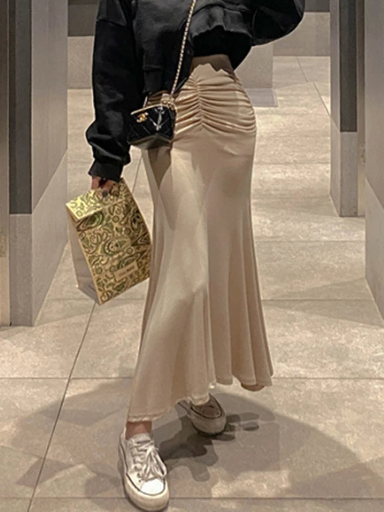 Shirring Satin Skirts for Women High Waisted Skirt 2024 Women A-Line Elegant Skirts Summer Pink Midi Skirt New Korean Style