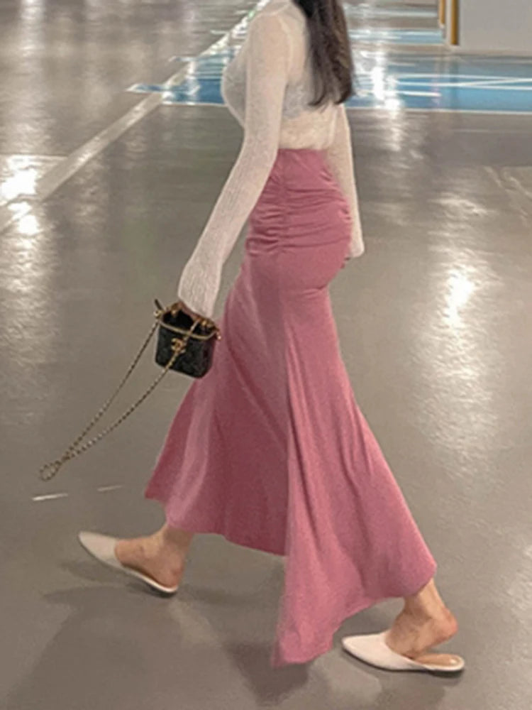 Shirring Satin Skirts for Women High Waisted Skirt 2024 Women A-Line Elegant Skirts Summer Pink Midi Skirt New Korean Style