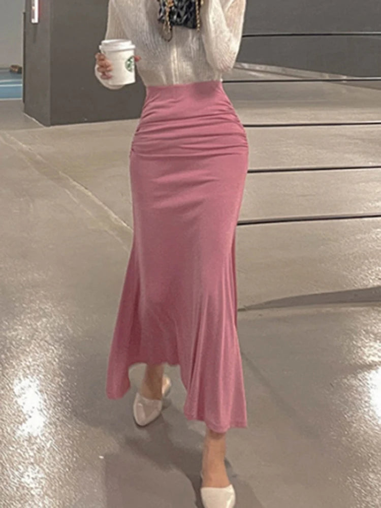 Shirring Satin Skirts for Women High Waisted Skirt 2024 Women A-Line Elegant Skirts Summer Pink Midi Skirt New Korean Style