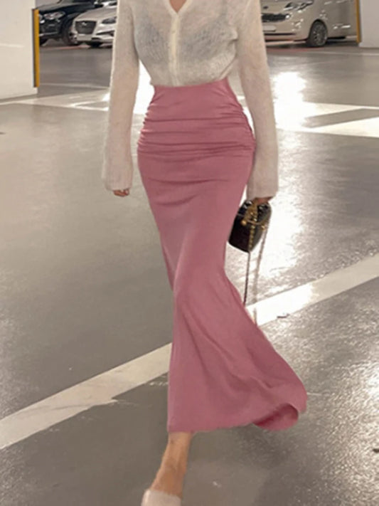 Shirring Satin Skirts for Women High Waisted Skirt 2024 Women A-Line Elegant Skirts Summer Pink Midi Skirt New Korean Style